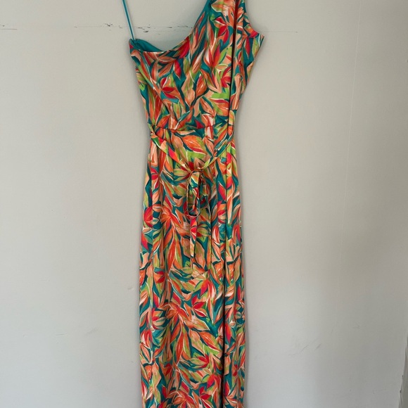 Nicole Miller Tropical Floral One Shoulder Maxi Dress Side Slit Women’s Size 14 - Picture 2 of 6